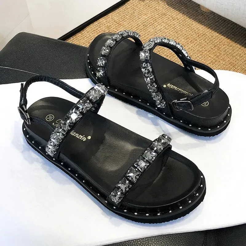 Hnzxzm Rhinestone Band Platform Sandals Women Thick Bottom Flat Summer Gladiator Sandalias Mujer Crystal Beads Sandalias Femininas 2024