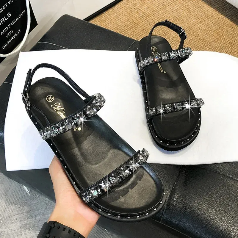 Hnzxzm Rhinestone Band Platform Sandals Women Thick Bottom Flat Summer Gladiator Sandalias Mujer Crystal Beads Sandalias Femininas 2024
