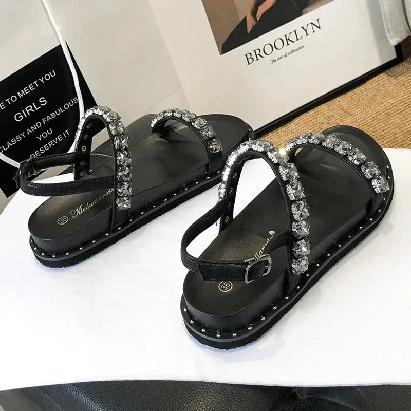 Hnzxzm Rhinestone Band Platform Sandals Women Thick Bottom Flat Summer Gladiator Sandalias Mujer Crystal Beads Sandalias Femininas 2024
