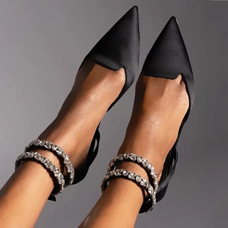 Hnzxzm Shiny Crystal Flat Heels Gladiator Sandals Women Summer Pointed Toe Pink Party Shoes Woman Plus Size 42 Ankle Straps Pumps