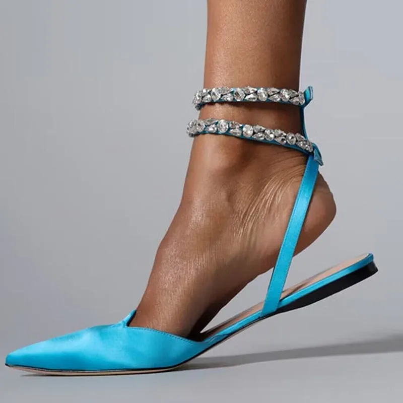 Hnzxzm Shiny Crystal Flat Heels Gladiator Sandals Women Summer Pointed Toe Pink Party Shoes Woman Plus Size 42 Ankle Straps Pumps