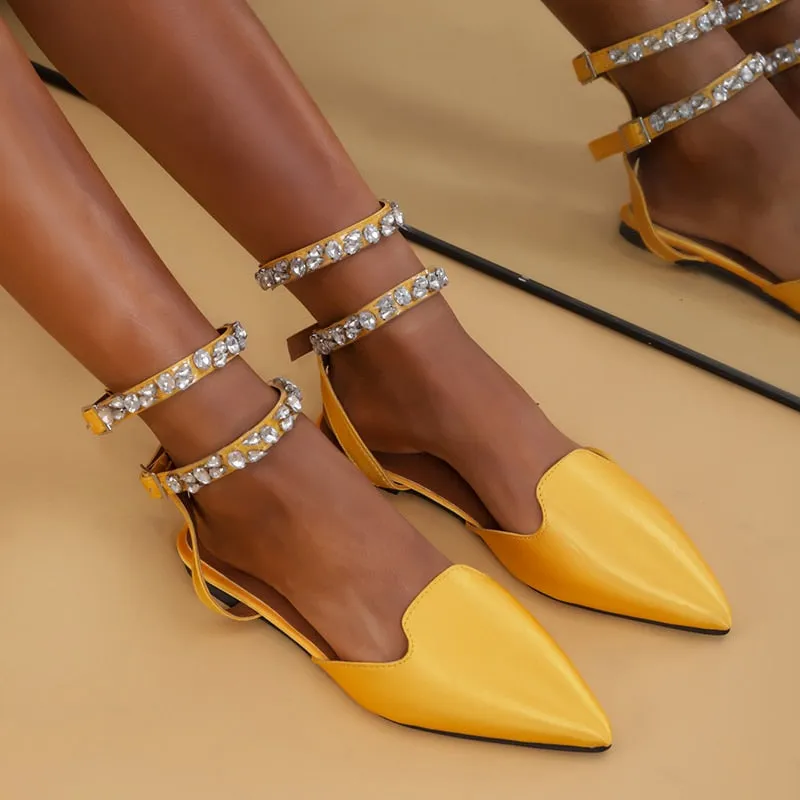 Hnzxzm Shiny Crystal Flat Heels Gladiator Sandals Women Summer Pointed Toe Pink Party Shoes Woman Plus Size 42 Ankle Straps Pumps