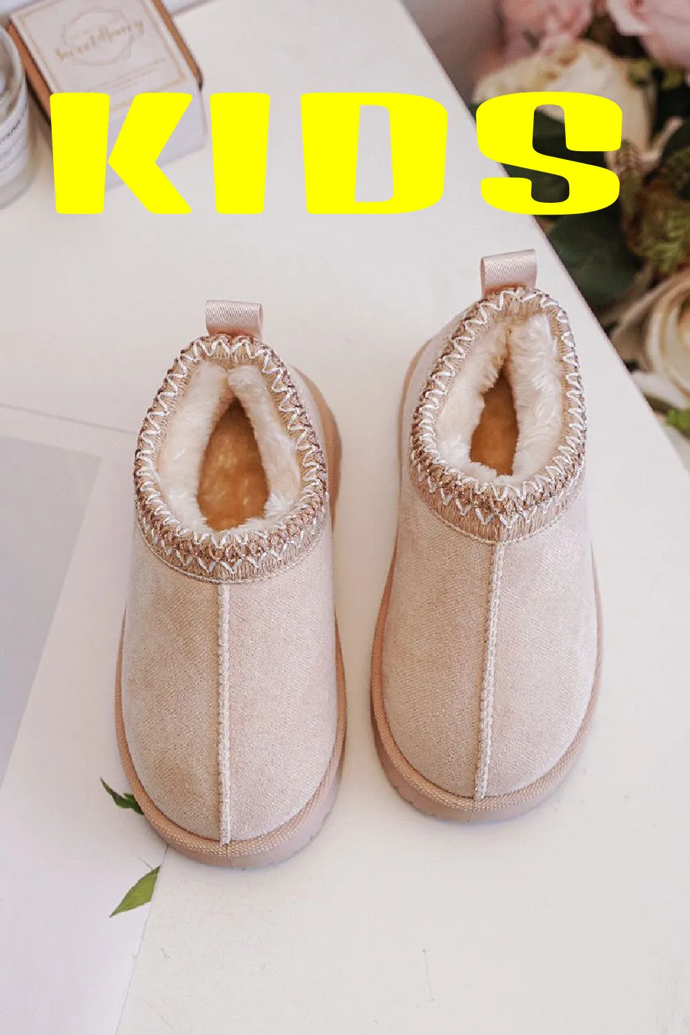 KIDS BEIGE EMBROIDED FLUFFY FAUX FUR PLATFORM SLIPPERS 31/36