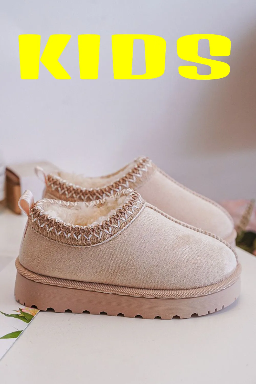 KIDS BEIGE EMBROIDED FLUFFY FAUX FUR PLATFORM SLIPPERS 31/36