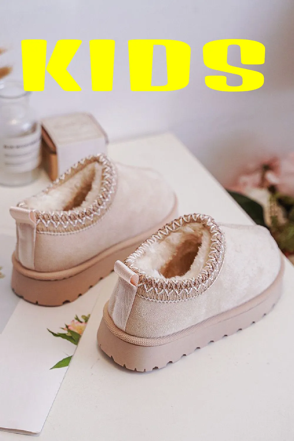 KIDS BEIGE EMBROIDED FLUFFY FAUX FUR PLATFORM SLIPPERS 31/36