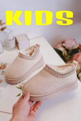 KIDS BEIGE EMBROIDED FLUFFY FAUX FUR PLATFORM SLIPPERS 31/36