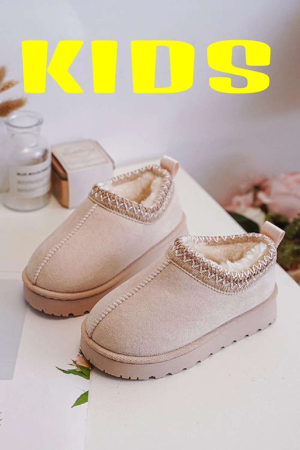 KIDS BEIGE EMBROIDED FLUFFY FAUX FUR PLATFORM SLIPPERS 31/36
