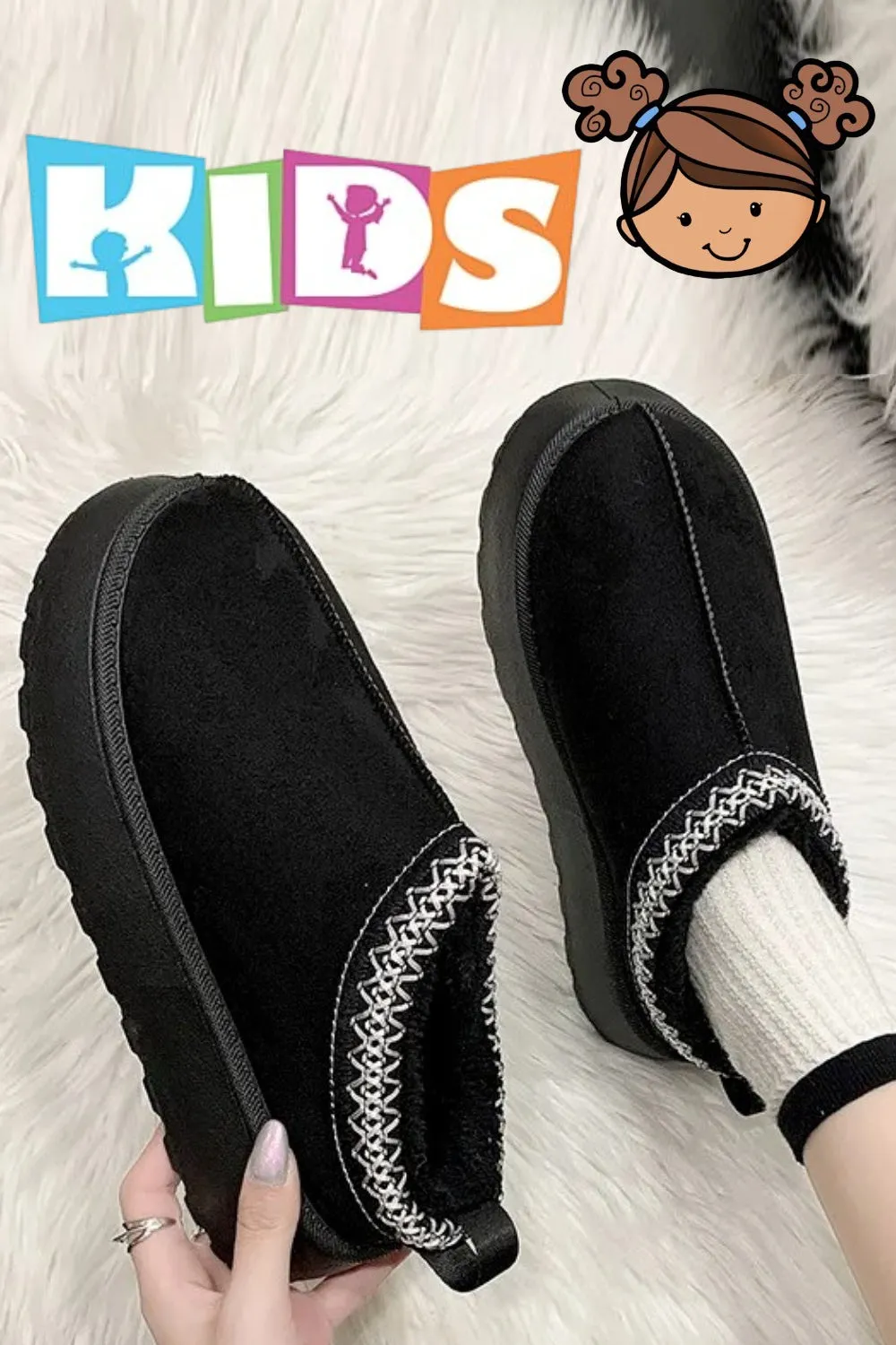KIDS BLACK EMBROIDED FLUFFY FAUX FUR PLATFORM SLIPPERS 31/36