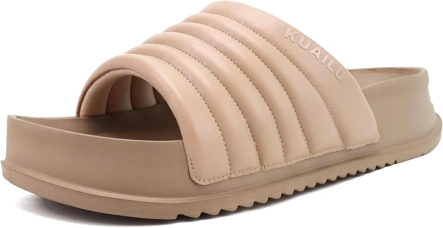 KuaiLu Womens Sandals with Arch Support Orthopedic Comfortable Lightweight Cushion Recovery Slides Summer Fashion Leather Casual Womans Plantar Fasciitis Sandals for Indoor&Outdoor (US Size 6-12)