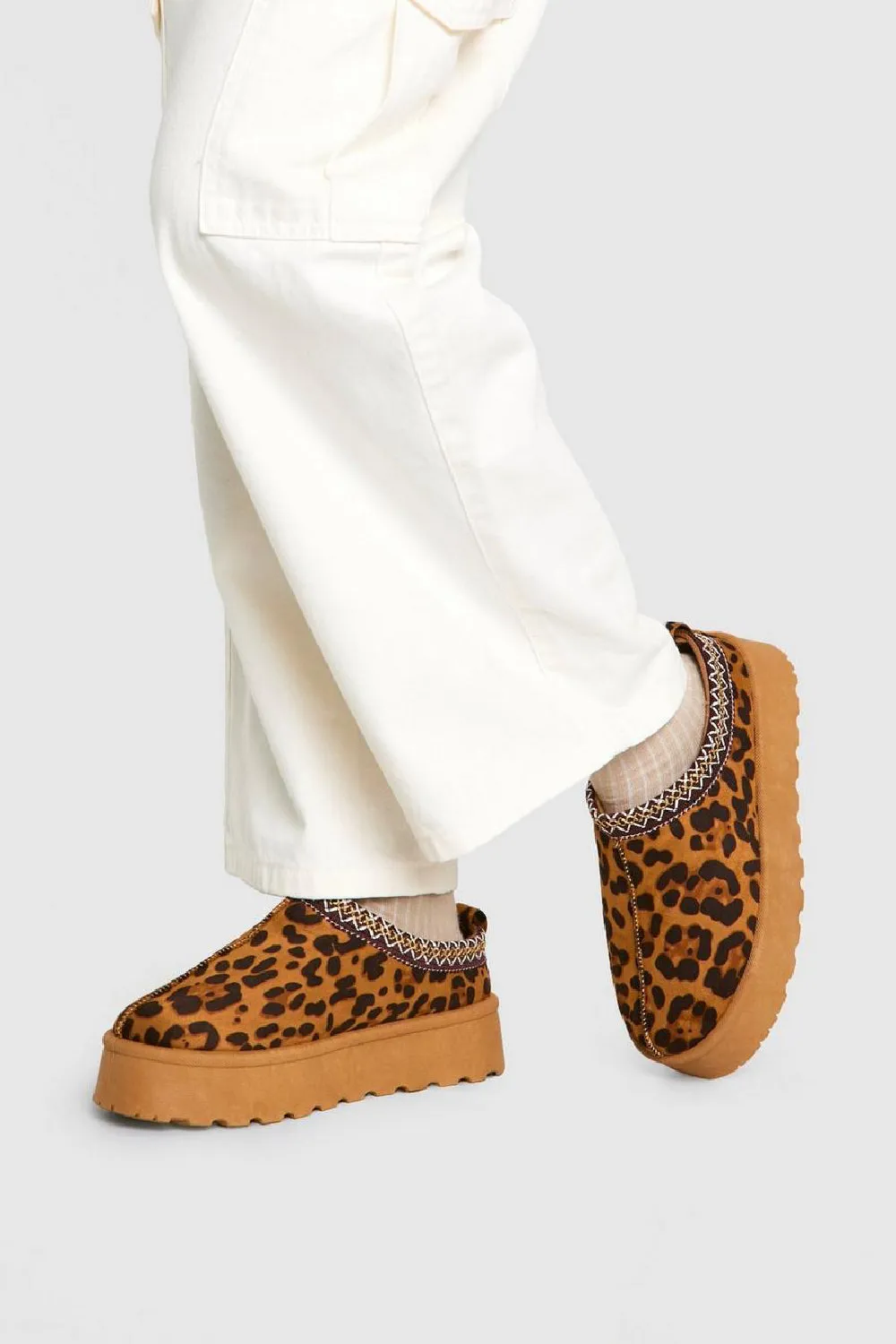 LEOPARD FLUFFY PLATFORM SLIPPERS FAUX FUR LINED ANKLE BOOTS