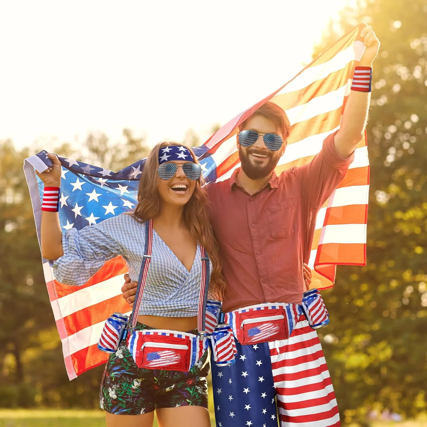 Mepase 4th of july outfits for men Patriotic Fanny Pack USA Beverage Beer Belt Suspenders for July 4th Accessories
