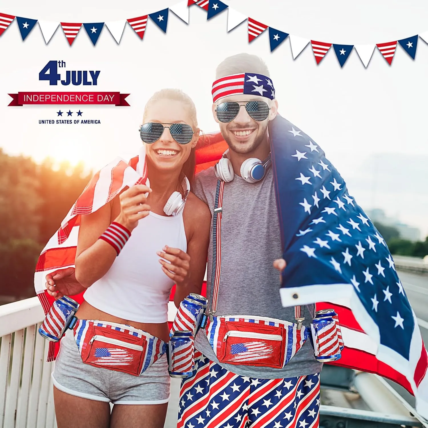 Mepase 4th of july outfits for men Patriotic Fanny Pack USA Beverage Beer Belt Suspenders for July 4th Accessories