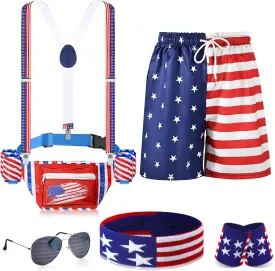Mepase 4th of july outfits for men Patriotic Fanny Pack USA Beverage Beer Belt Suspenders for July 4th Accessories