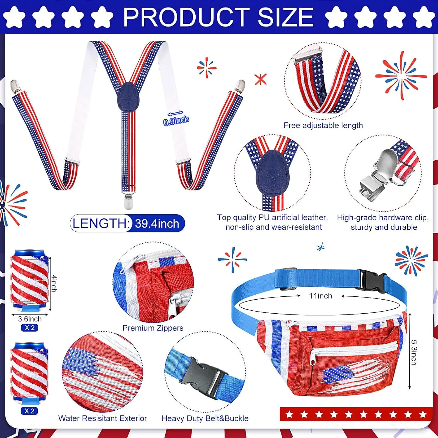 Mepase 4th of july outfits for men Patriotic Fanny Pack USA Beverage Beer Belt Suspenders for July 4th Accessories