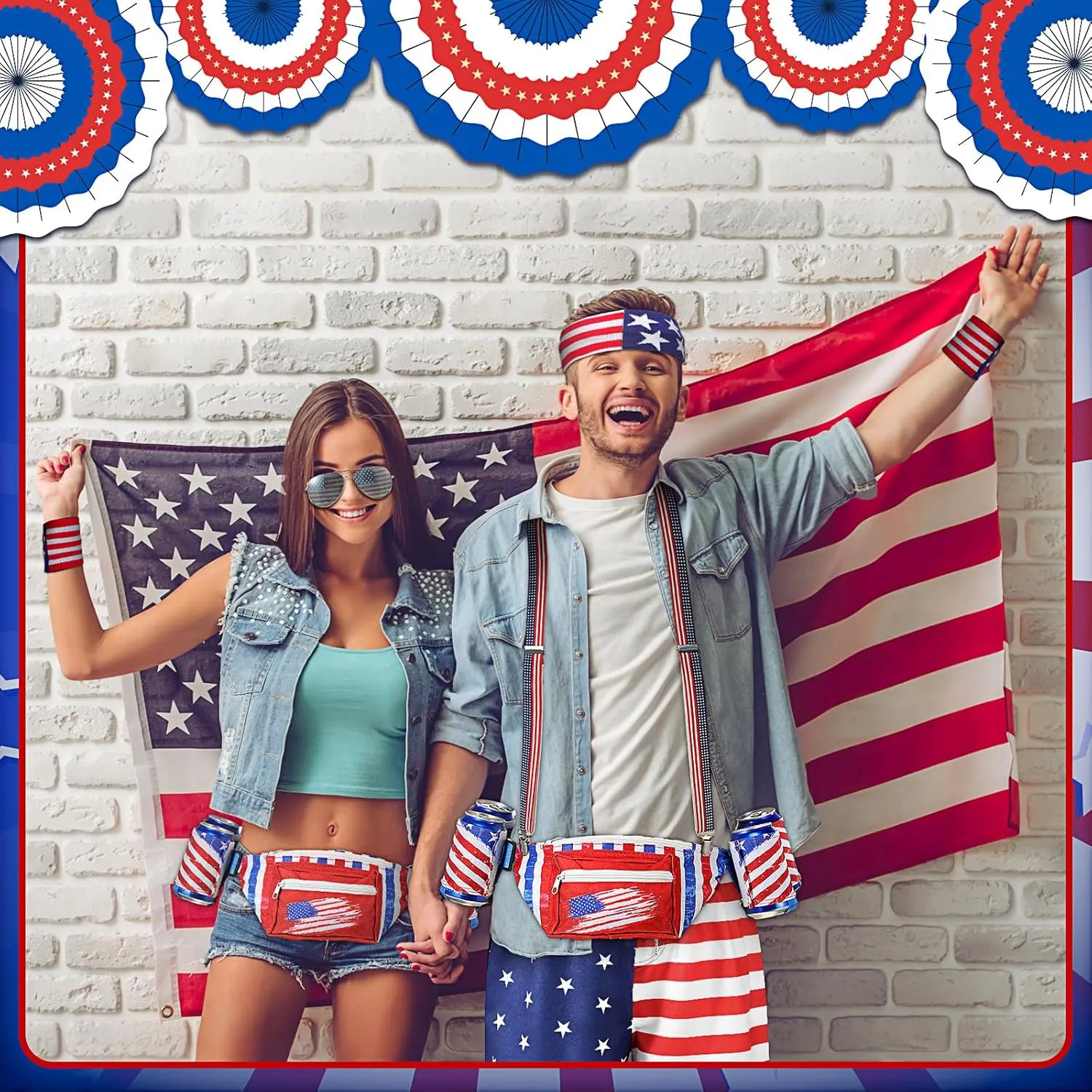 Mepase 4th of july outfits for men Patriotic Fanny Pack USA Beverage Beer Belt Suspenders for July 4th Accessories