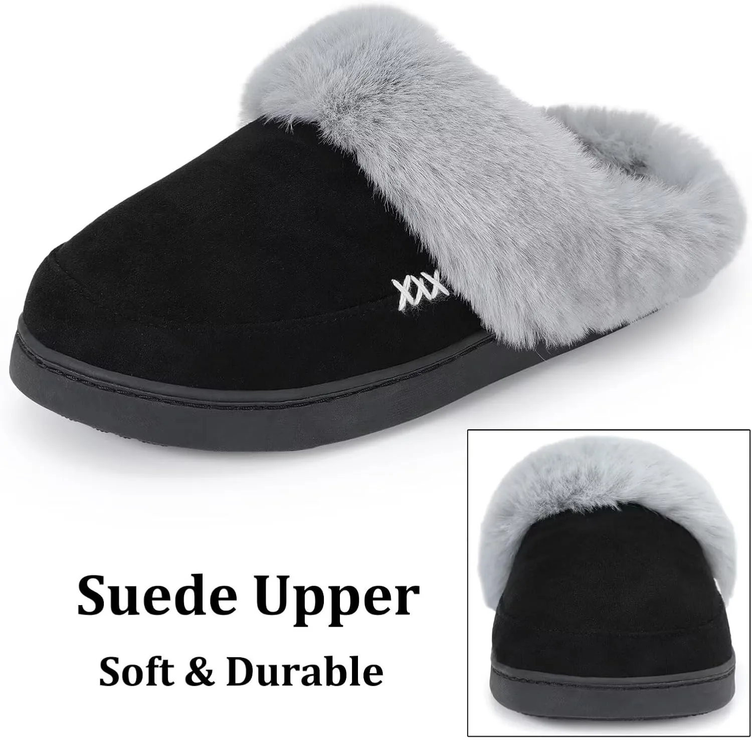 NineCiFun Women's and Men's Suede House Slippers Slip on Fuzzy Slippers with Faux Fur Lining Indoor Outdoor Home Shoes with Rubber Sole