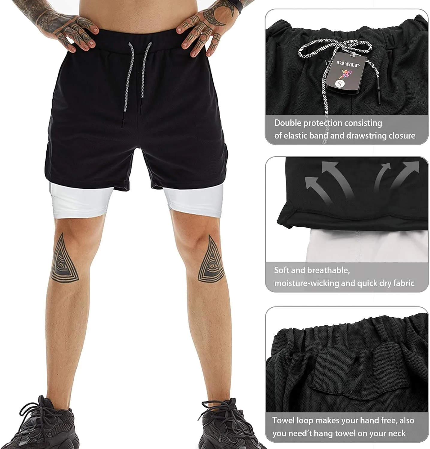 OEBLD Mens Athletic Shorts 2-in-1 Gym Workout Running 7'' Shorts with Towel Loop