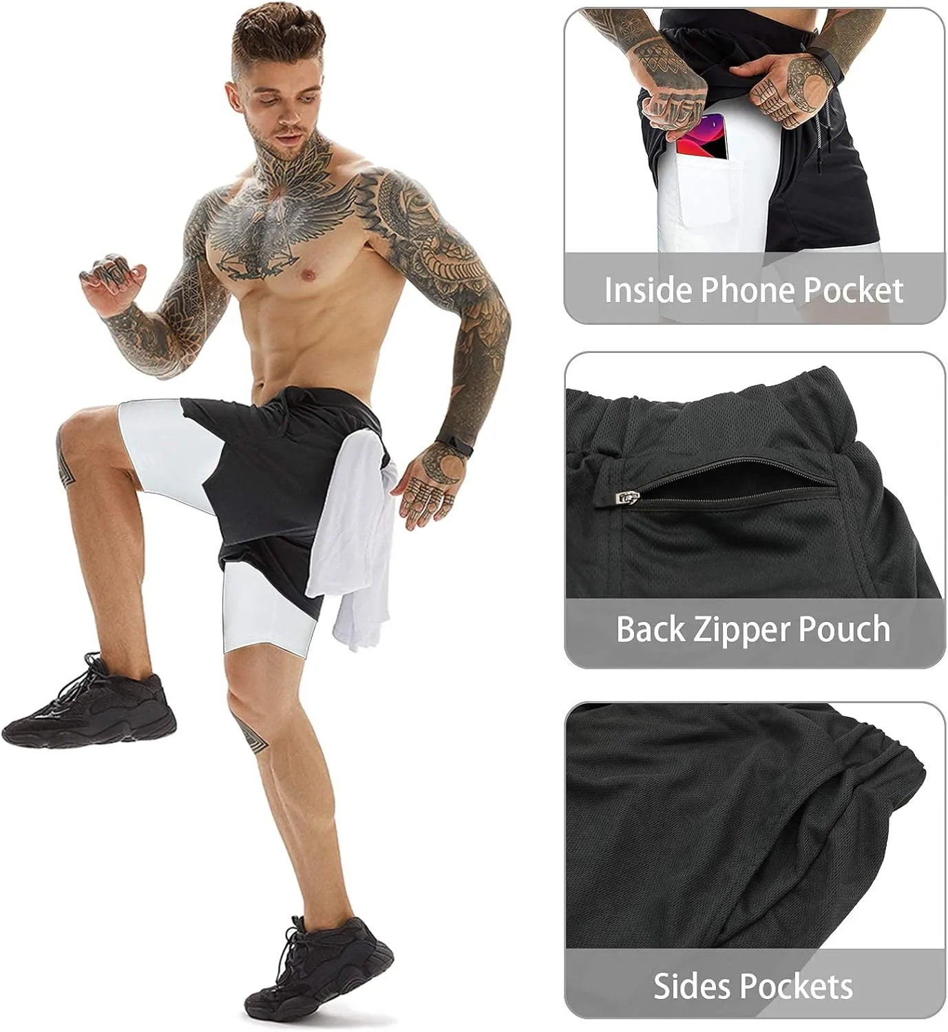 OEBLD Mens Athletic Shorts 2-in-1 Gym Workout Running 7'' Shorts with Towel Loop