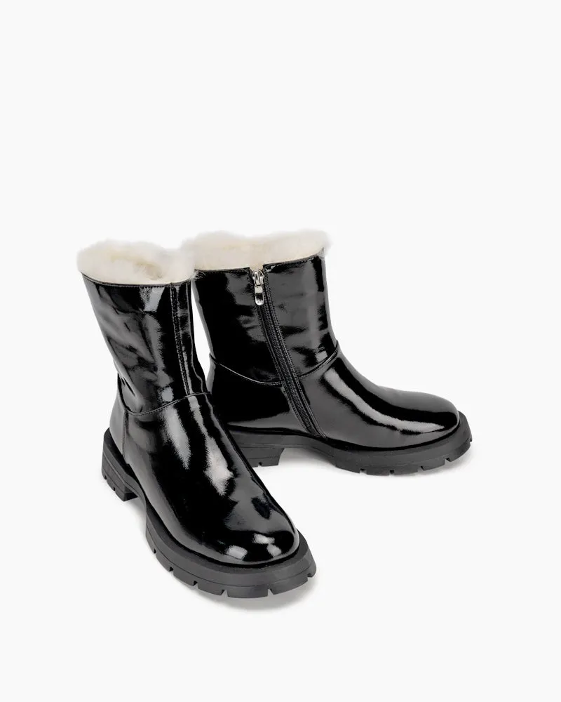 Patent Leather Warm Faux Fur Lined  Ankle Snow Boots