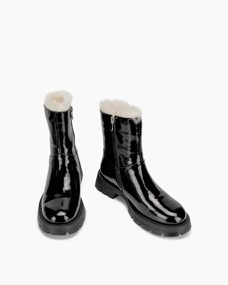 Patent Leather Warm Faux Fur Lined  Ankle Snow Boots