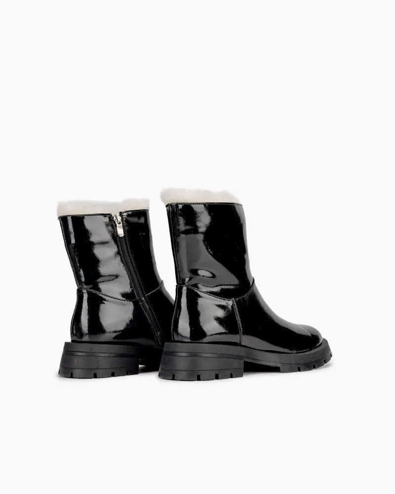 Patent Leather Warm Faux Fur Lined  Ankle Snow Boots