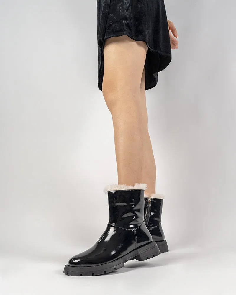 Patent Leather Warm Faux Fur Lined  Ankle Snow Boots