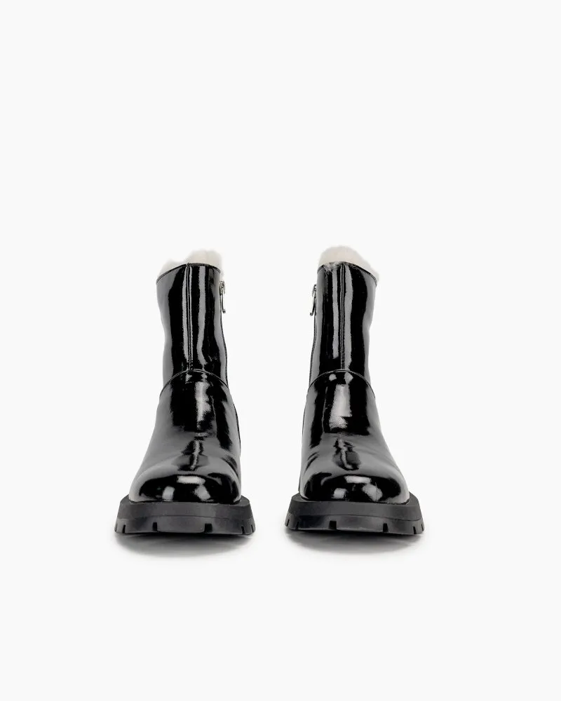 Patent Leather Warm Faux Fur Lined  Ankle Snow Boots