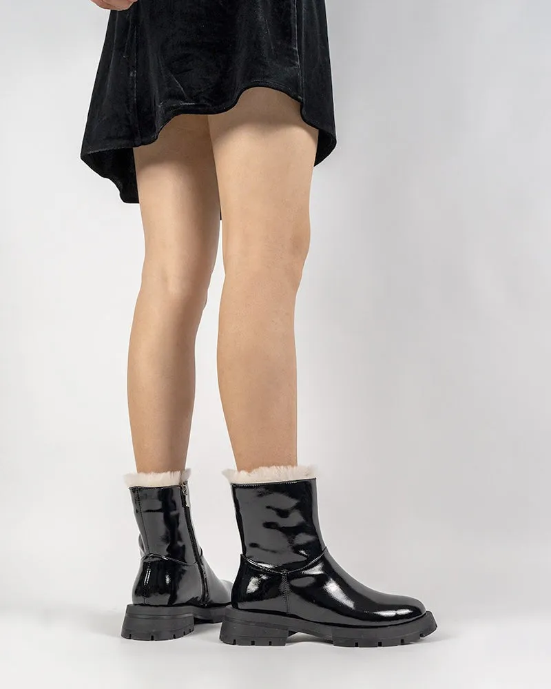 Patent Leather Warm Faux Fur Lined  Ankle Snow Boots