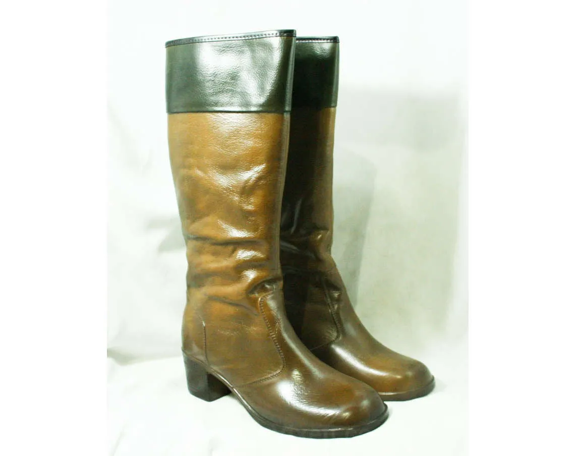 Size 10 Black & Brown 60s Boots - Waterproof Rubber - Sophisticated 1960s Street Style - Color Block - Lined - Unworn - Deadstock - 43294-1