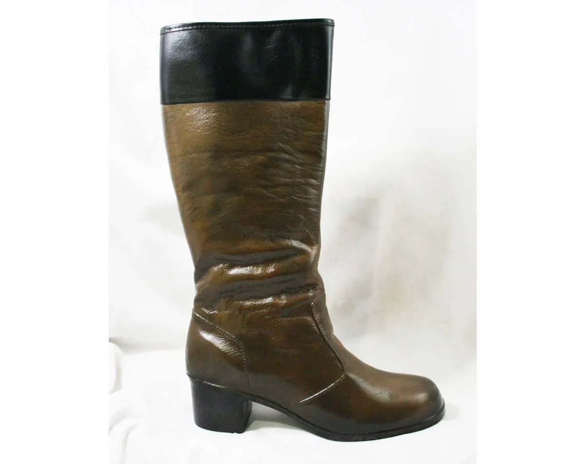 Size 6 Black & Brown 60s Boots - Waterproof Rubber - Sophisticated 1960s Street Style - Color Block - Lined - Unworn - Deadstock - 43293-11