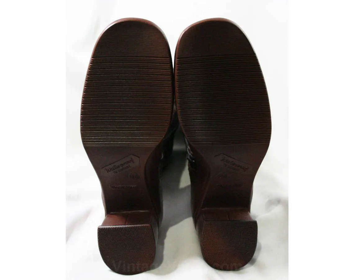Size 6 Trompe L'Oeil 60s Boots - Brown Waterproof Rubber - Sophisticated 1960s - Faux Buckles - Fleece Lined - Unworn - Deadstock - 43295-2
