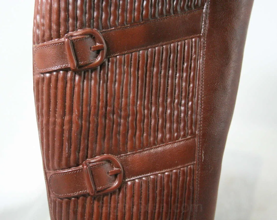 Size 6 Trompe L'Oeil 60s Boots - Brown Waterproof Rubber - Sophisticated 1960s - Faux Buckles - Fleece Lined - Unworn - Deadstock - 43295-2