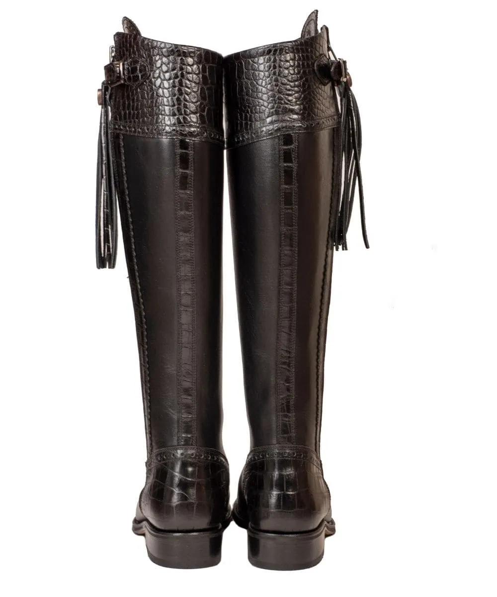 Tall Spanish Riding Boots Mock Croc Leather - Slight Calf