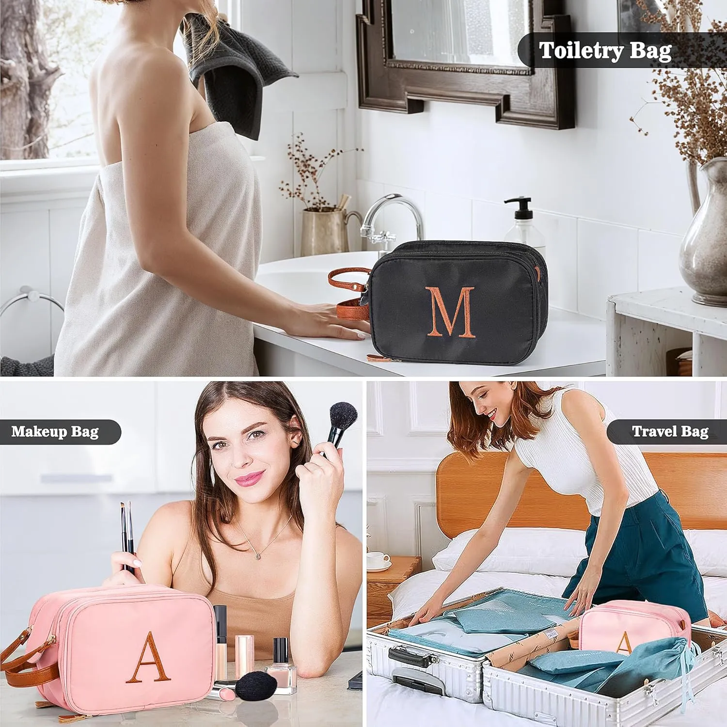 YOOLIFE Travel Initial Toiletry Bag - Toiletry Bag for Mens Women | Personalized Gifts for Women Men Girlfriend Mom Father Gifts | Travel Accessories Toiletries Water Resistant Dopp Kit Letter A Black