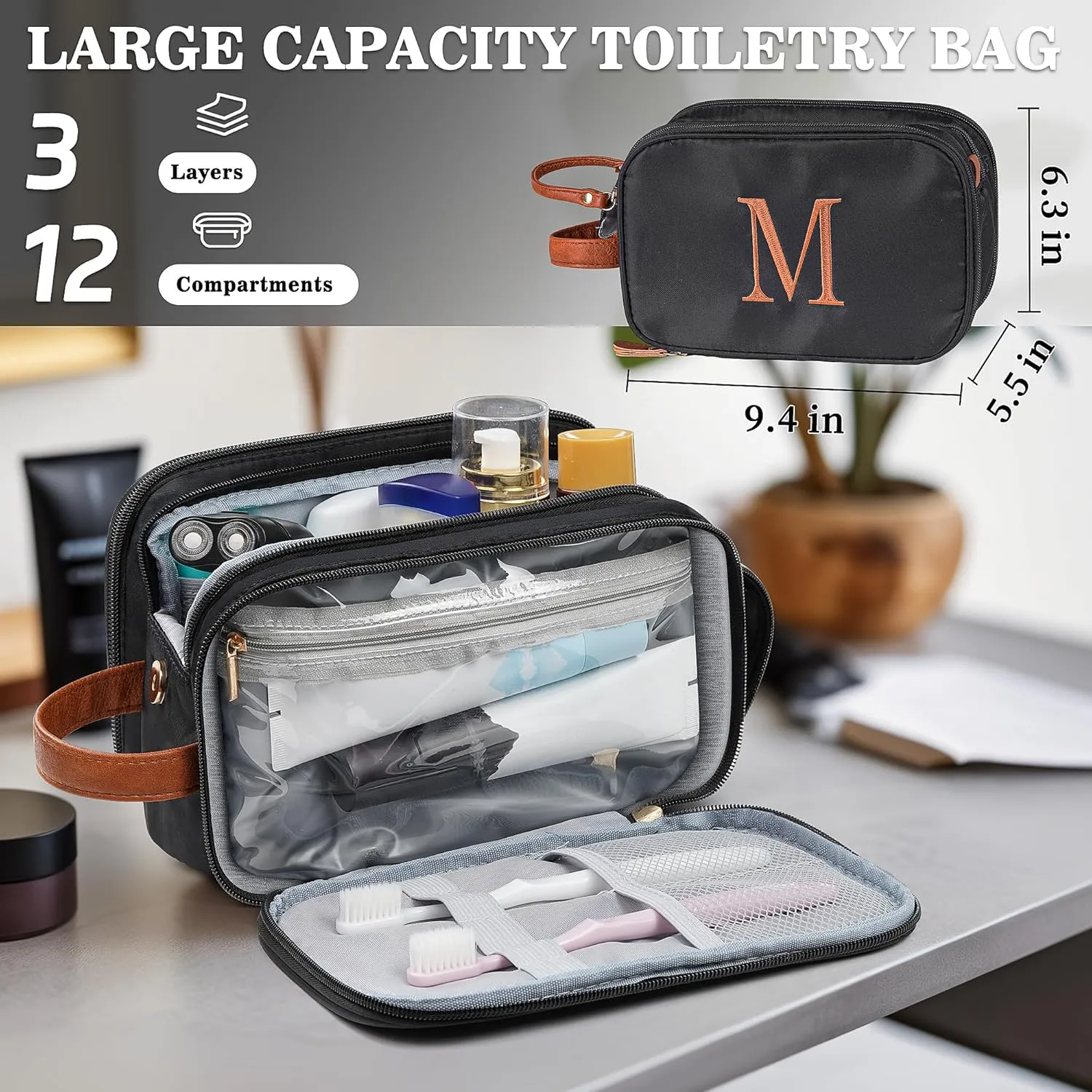 YOOLIFE Travel Initial Toiletry Bag - Toiletry Bag for Mens Women | Personalized Gifts for Women Men Girlfriend Mom Father Gifts | Travel Accessories Toiletries Water Resistant Dopp Kit Letter A Black